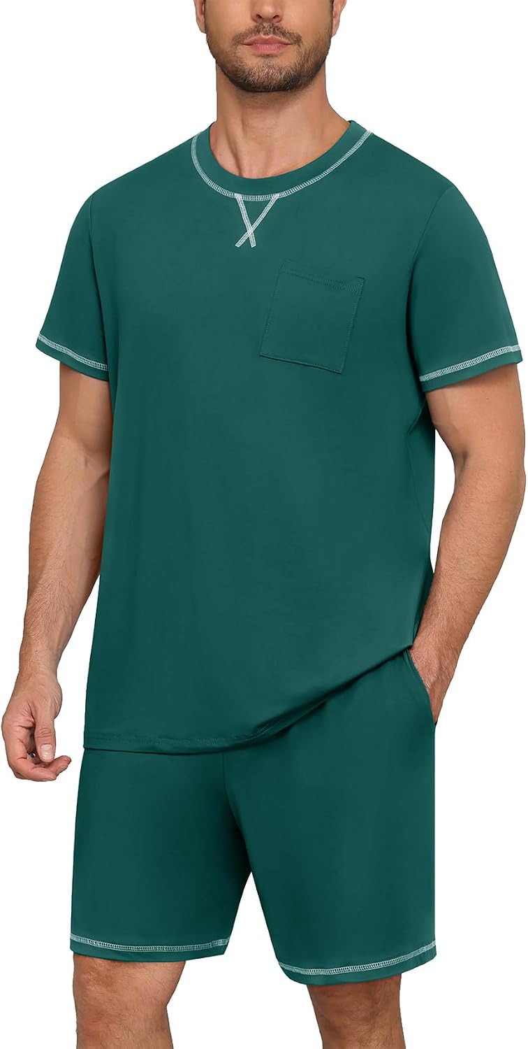 Men's Pajamas Set Casual Short Sleeve Shirts and Shorts 2 Piece Loungewear With Pockets