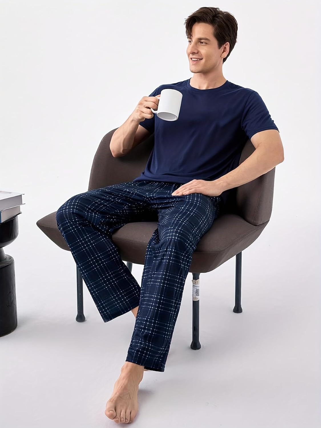 Men's Short Sleeve Pajama Set, Navy Solid T-Shirt & White Plaid Pants