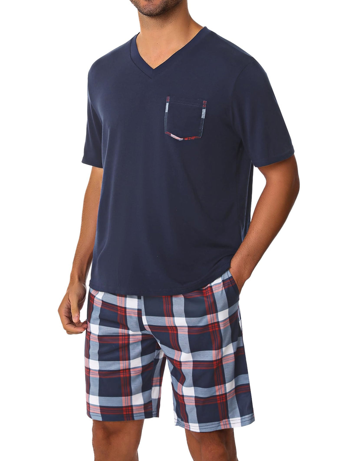 Sykooria Mens Cotton Pajamas Set 2 Piece Soft Sleepwear Short Sleeve Top & Plaid Shorts With Pockets