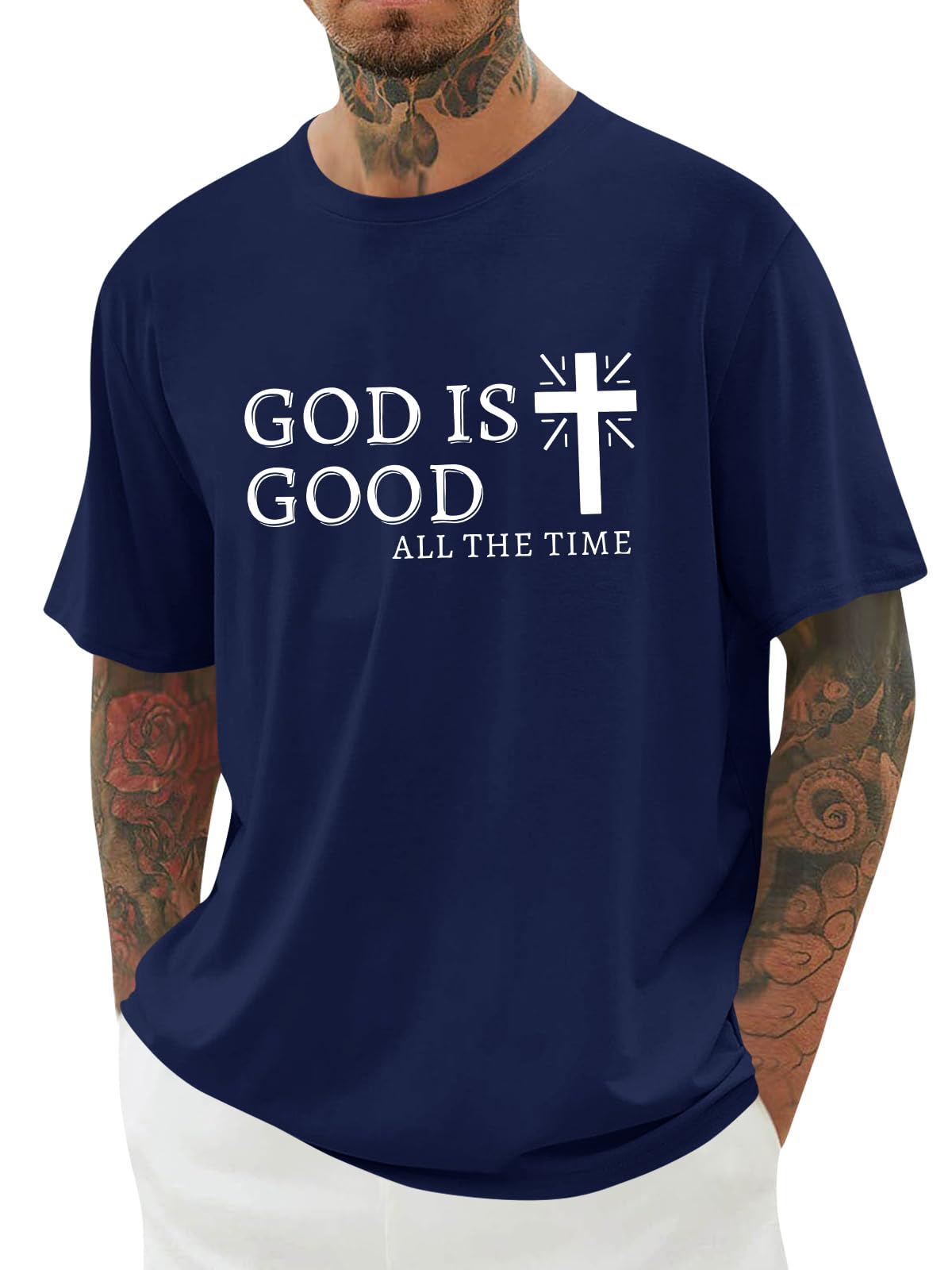 Mens Christian Shirts Shorts Sleeve Crewneck Jesus Cross Printed T Shirts Loose Graphic Tee