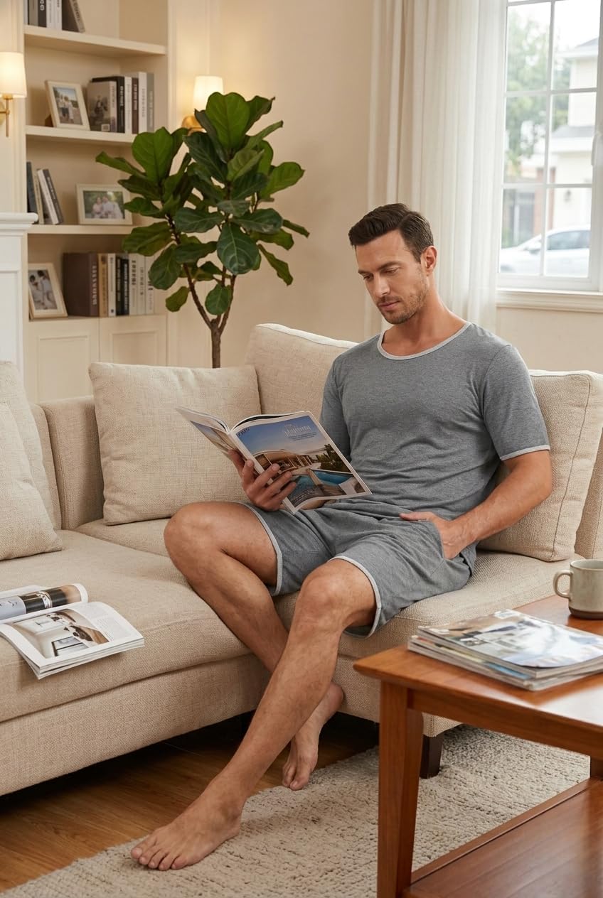 MoFiz Men's Pajamas Set Summer Sleepwear Pjs Soft Short Sleeve Shirts and Shorts 2 Piece Lougewear with Pockets S-3XL