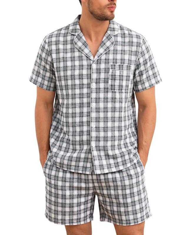 Marvmys Mens 100% Cotton Pajama Set Sleepwear Short Sleeve Pj Set Button Down Lounge Set Plaid Pajamas S-3XL