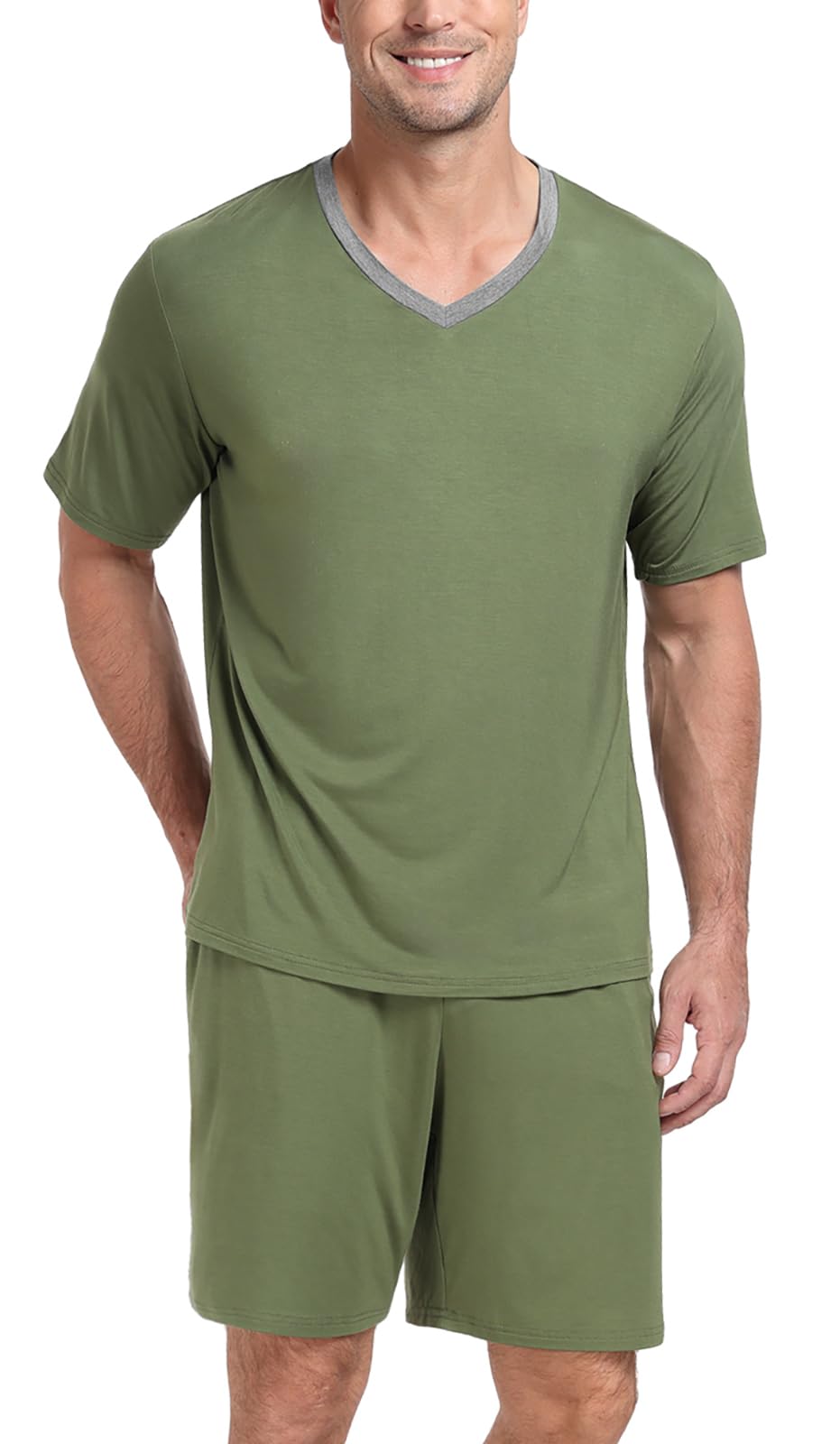 PrinStory Men's Pajama Set Sleepwear Pjs Lightweight Quick Dry Short Sleeve V-Neck Shirts and Shorts Soft Comfy Sleep Sets