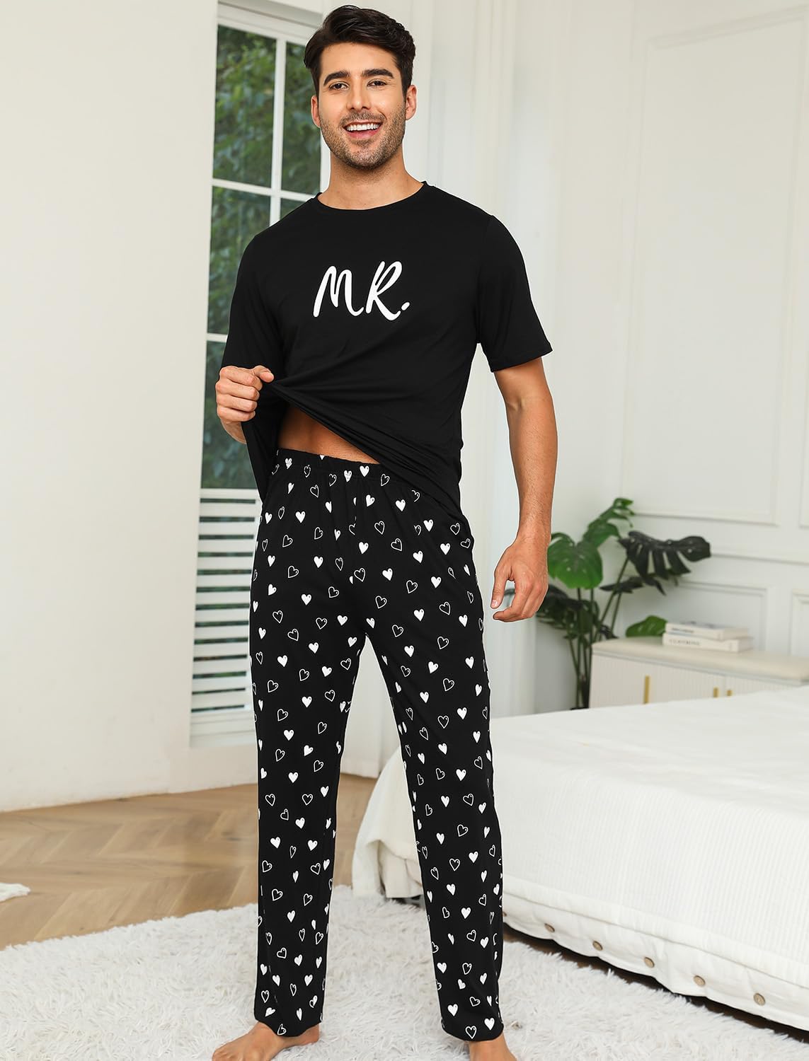 EISHOPEER Cotton Matching Pajamas for Couples Cute Printed Short Sleeve Top & Long Pants Sleepwear Pjs Sets