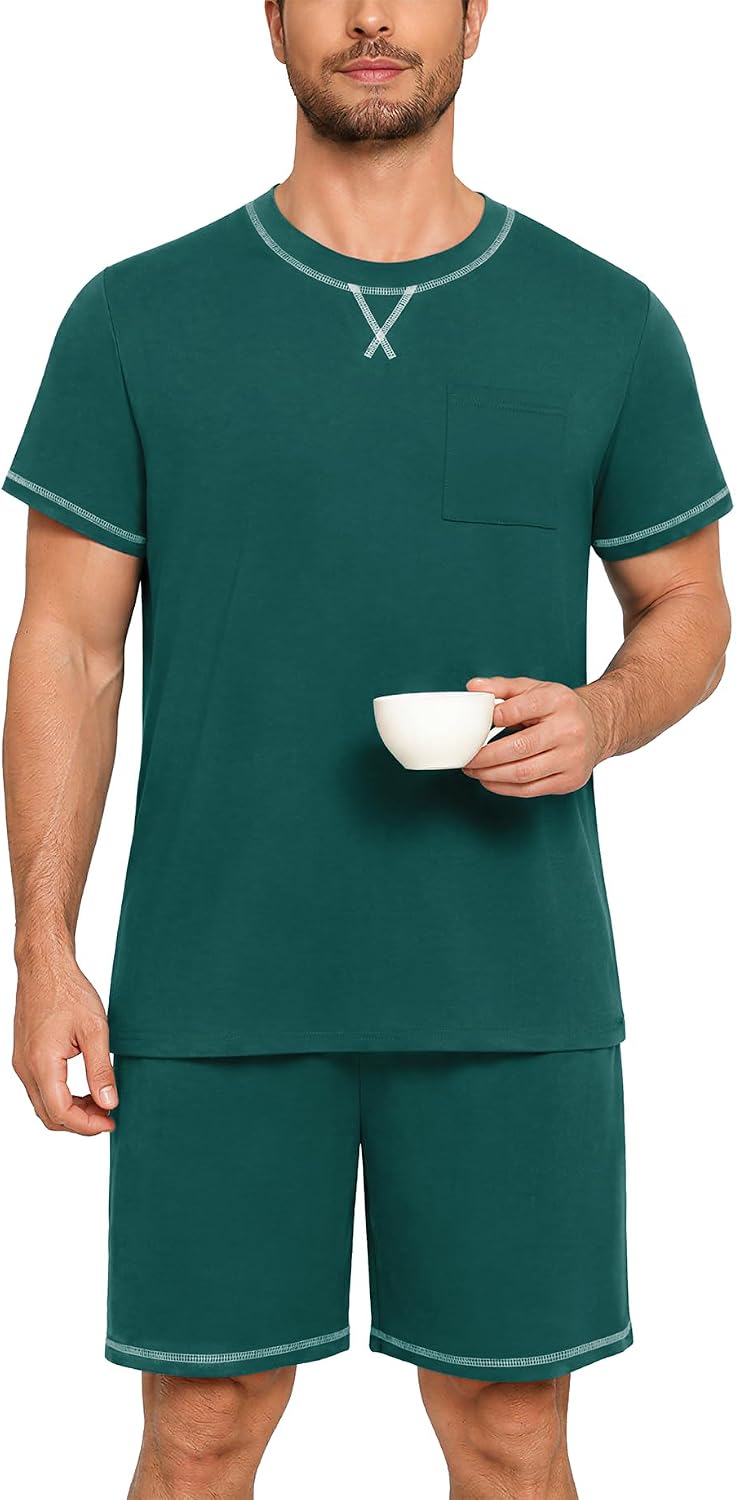 Men's Pajamas Set Casual Short Sleeve Shirts and Shorts 2 Piece Loungewear With Pockets