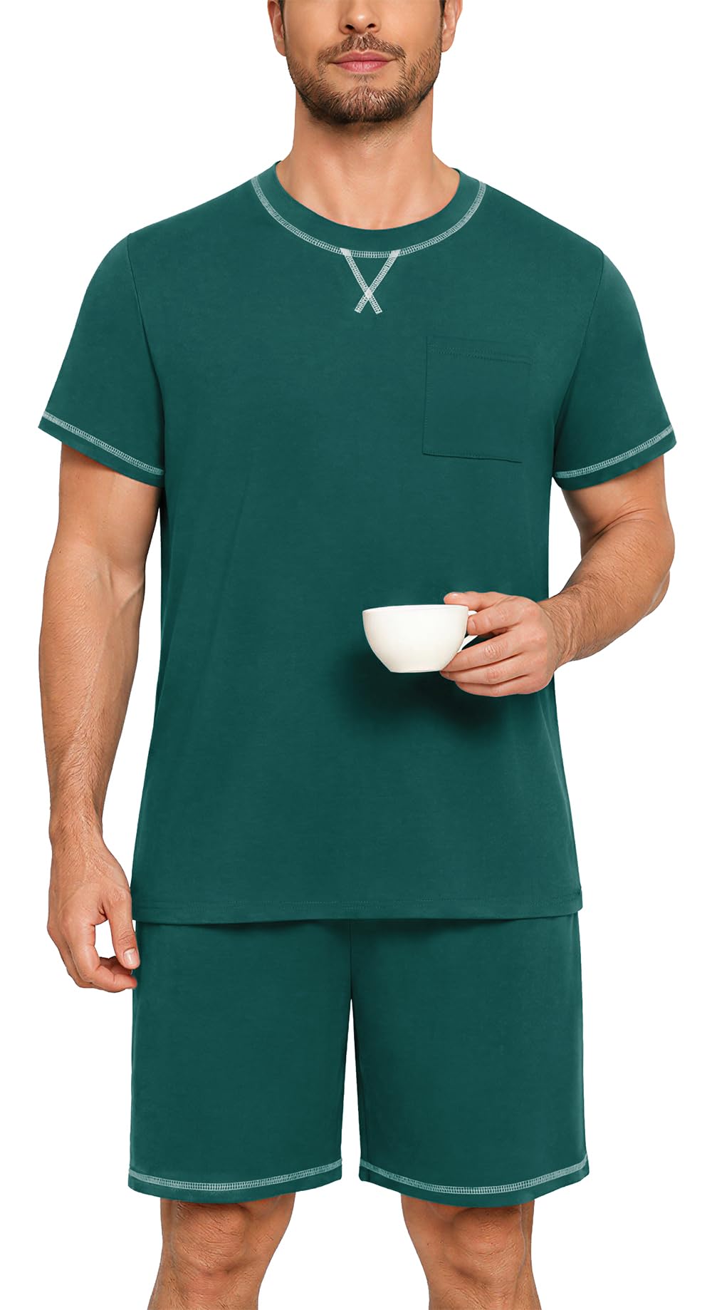 Men's Pajamas Set Casual Short Sleeve Shirts and Shorts 2 Piece Loungewear With Pockets