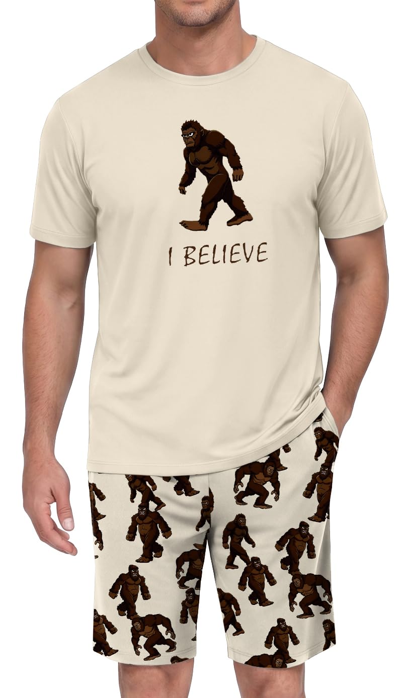 PrinStory Men Pajama Set Summer Pjs Sleepwear Short Sleeve Graphic Tee and Printed Shorts Novelty Loungewear With Pocket