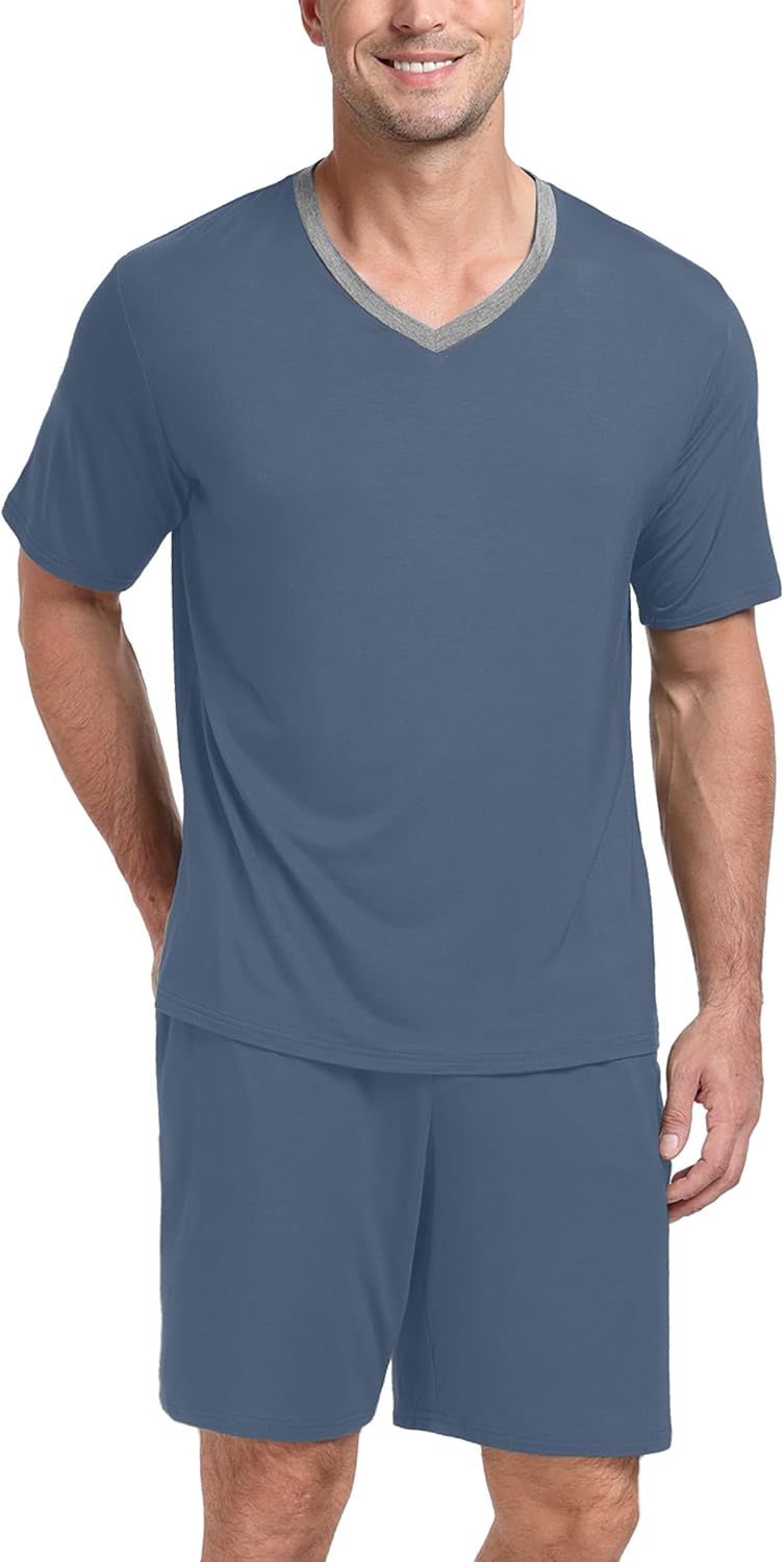 PrinStory Men's Pajama Set Sleepwear Pjs Lightweight Quick Dry Short Sleeve V-Neck Shirts and Shorts Soft Comfy Sleep Sets
