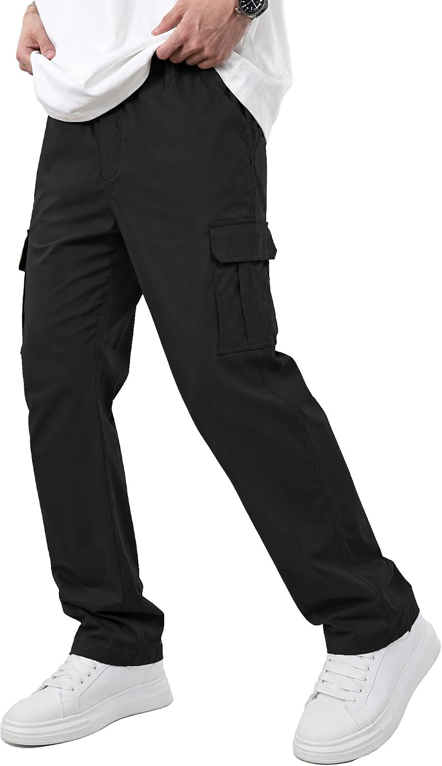 Ntrlv Men's Casual Cargo Pants Elastic Waist Multi Pockets