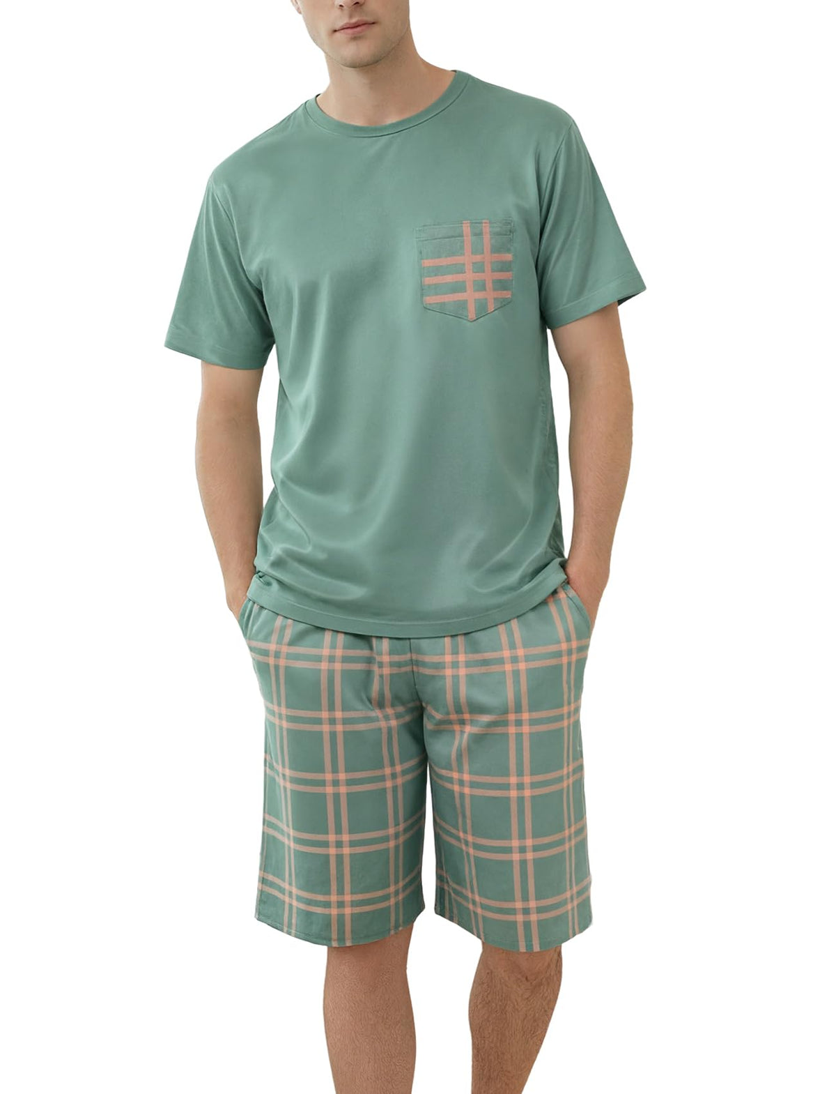 Mens Pajama Set Summer Sleepwear Short Sleeve Loungewear Lightweight Soft Nightwear Shirts Plaid Shorts with Pockets