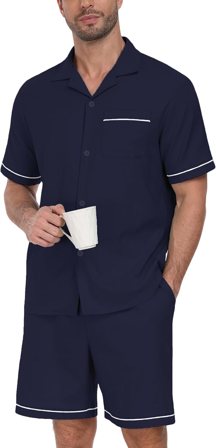 PrinStory Men's Pajamas Set Short Sleeve Sleepwear Pjs Lightweight Two-Pieces Pajama Comfy Loungewear with Pockets S-2XL