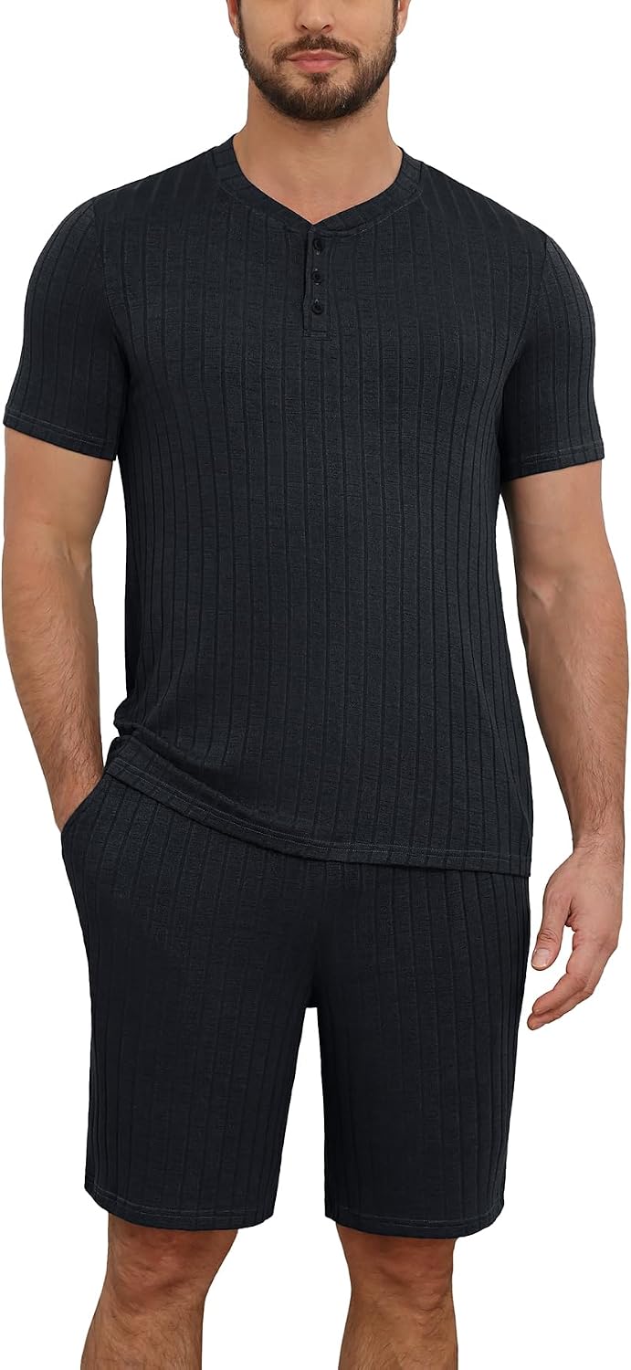 NITAGUT Men’s Summer Pajama Set Lightweight Loungewear Short Sleeve Henley Top & Sleep Shorts 2 Piece Stretch Lounge Set