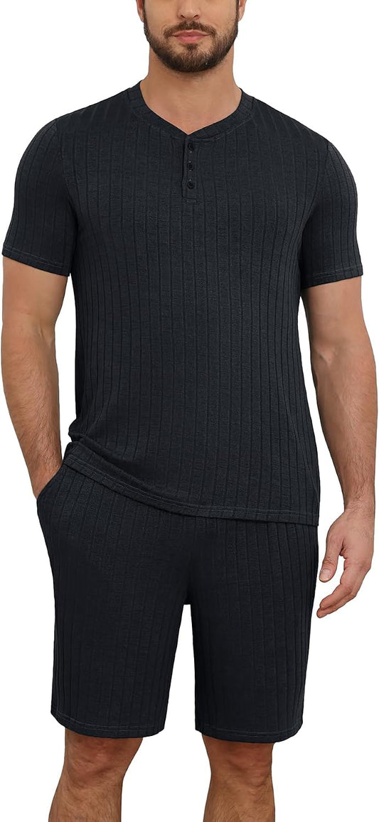 NITAGUT Men’s Summer Pajama Set Lightweight Loungewear Short Sleeve Henley Top & Sleep Shorts 2 Piece Stretch Lounge Set