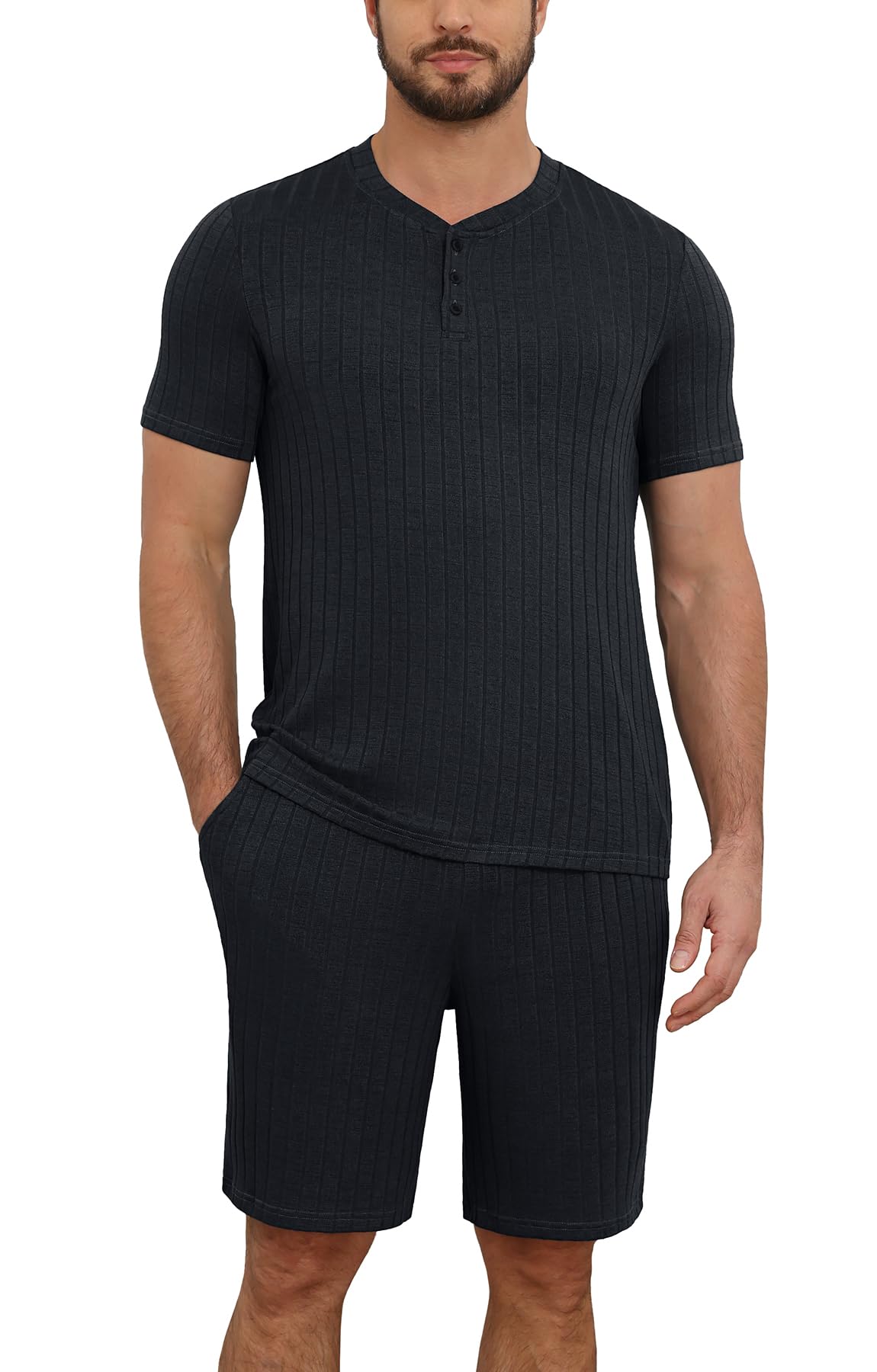 NITAGUT Men’s Summer Pajama Set Lightweight Loungewear Short Sleeve Henley Top & Sleep Shorts 2 Piece Stretch Lounge Set