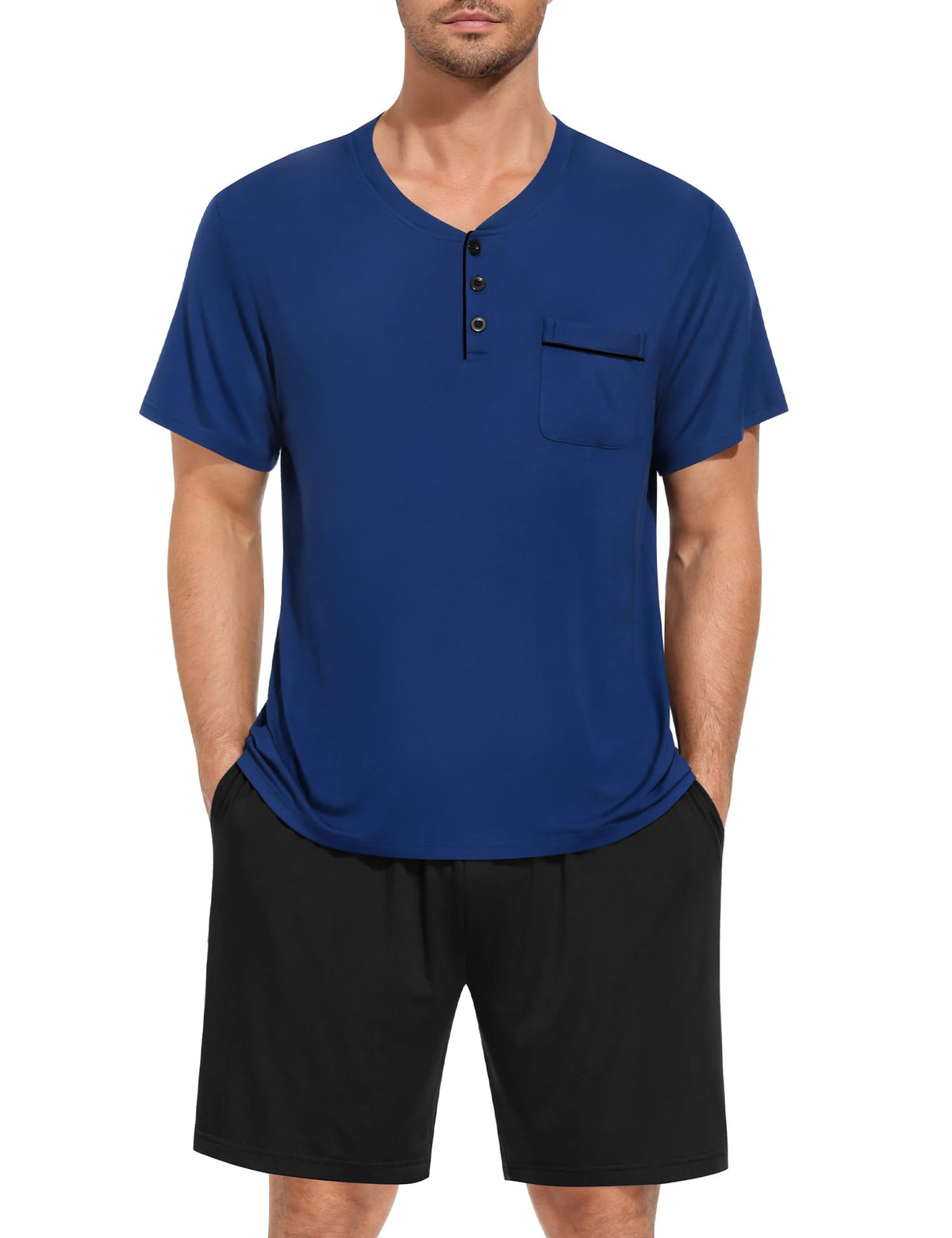 SWOMOG Mens Pajama Set Summer Pjs Sleepwear 2 Piece Loungewear Soft Short Sleeve Sleep Set With Pocket Comfy Nightwear