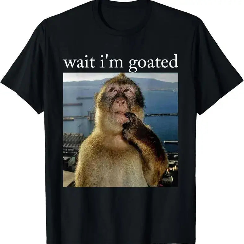 Nova Men's 100% Cotton Short-Sleeve Crew Neck Tshirt - "Wait I'm Goated" Humor Tee, Meme Monkey Graphic Sparks Laughs, Funny Quote, Valentine's Day Gift, Menswear Streetwear Sports Outdoor Top, Arms-Free Design