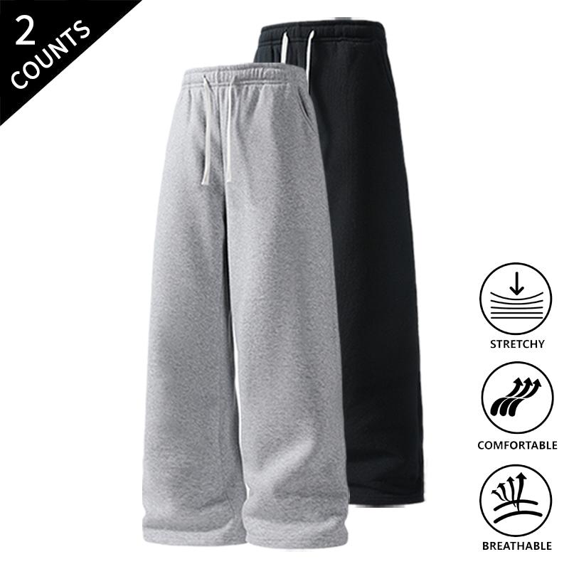 Men’s 2-Pack Baggy Polyester Sweatpants - Drawstring Waist Adapts to Your Fit, Mid-Waist, Loose-Fit, Plain, Stylish, Soft, Breathable, Streetwear Look, Easy Vibe, Athletic Casual Pants for Summer (2-Pack Value for Backup Casual Days)