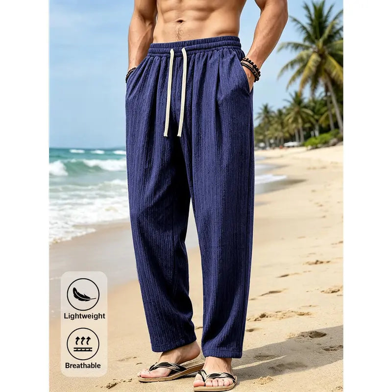 Menswear Straight Loose Casual Beachy Ankle Pants - Quick-Dry Polyester, Elastic Drawstring High Waist, Relaxed Fit, Lightweight Breathable Textured Look, Wrinkle-Free, Side Pockets for Summer Vacation, Travel, M