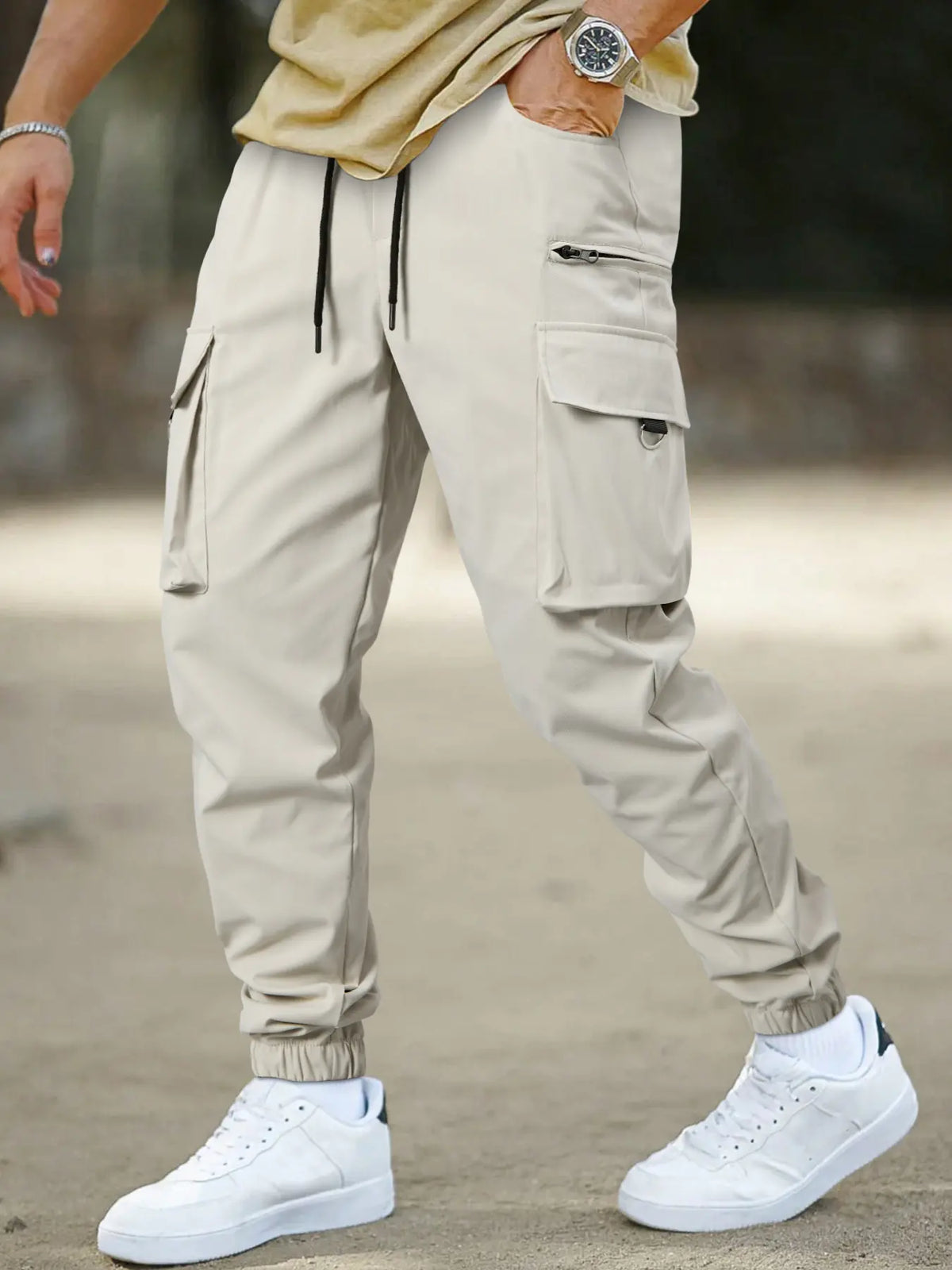 Men's Plain Button Pocket Cargo Pants, Regular Fit Street Fashion Casual Cargo Style Drawstring Waist Jogger Pants For Daily Wear, Woven Bottoms For All Seasons, Drawstring Trousers