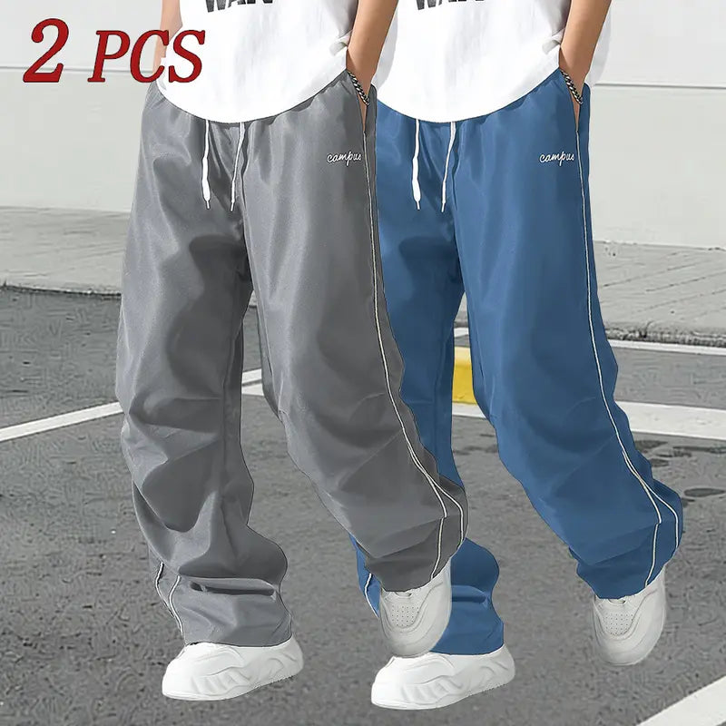 Men's Relaxed Fit Summer Woven Pants - Menswear Sportswear, Lightweight Athletic Fabric, Straight Leg with White Side Stripes, Non-Stretch, Machine Washable 100% Polyester Outdoor Trousers#SummerVibes