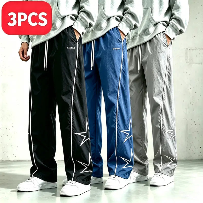 Men's 3-Pack Slim-Fit Activewear Track Pants - Menswear with Star Print, White Side Stripes, Elastic Easy Drawstring Fit Waistband for Casual Everyday Wear, Athletic Use