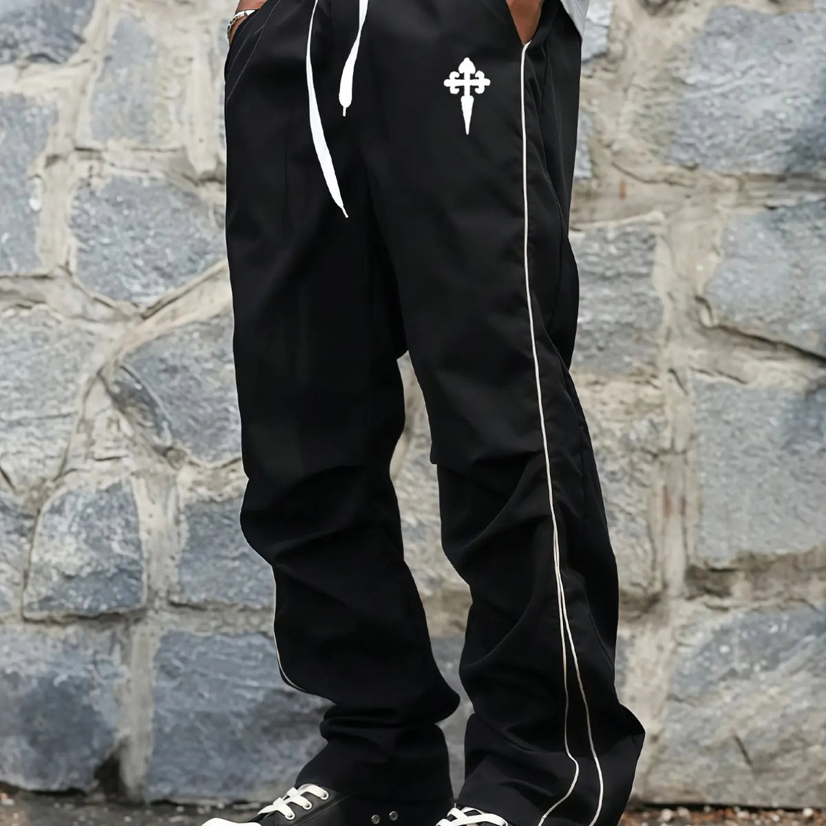 Men's Y2K Color Block Wide Leg Pants, Elastic Drawstring Waist, Loose Fit, Cross Graphic Print, Casual Streetwear Pants, Casual Fashion Bottoms