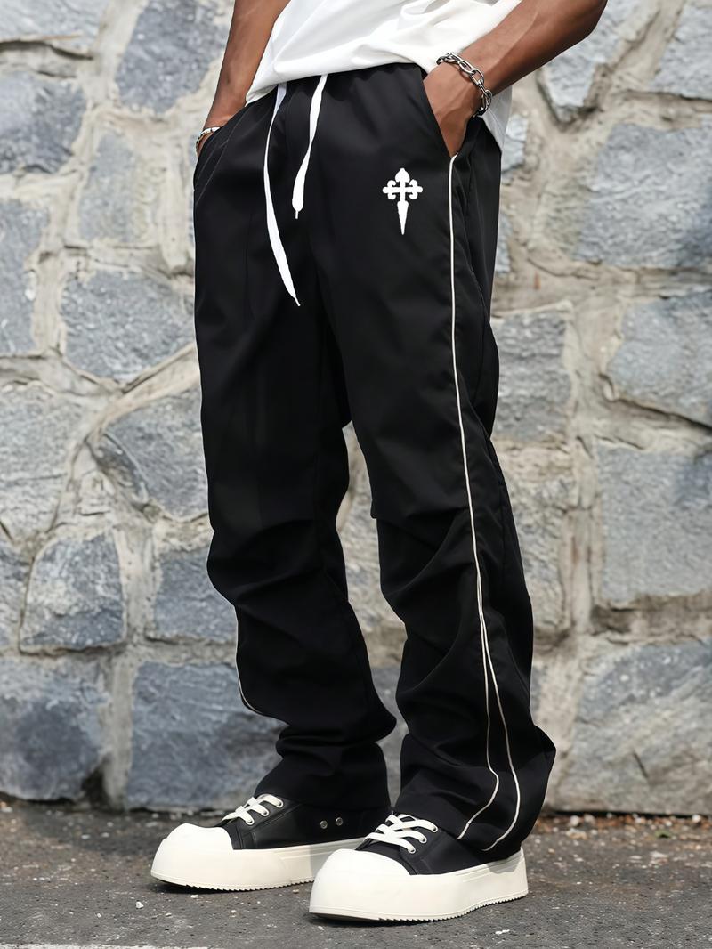 Men's Y2K Color Block Wide Leg Pants, Elastic Drawstring Waist, Loose Fit, Cross Graphic Print, Casual Streetwear Pants, Casual Fashion Bottoms