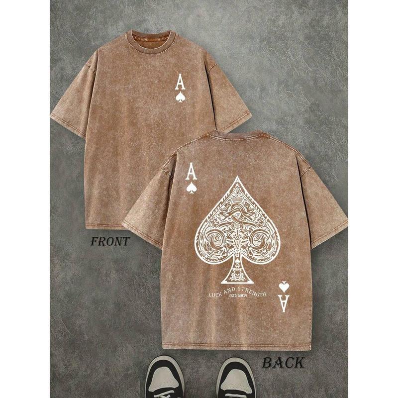 Retro Washed T-Shirt Double Sided Printed (230 Pure Cotton T-Shirt) 'LUCK AND STRENGTH'  Letter And Ace Of Spades Pattern Print, Men's T-Shirt, Men's Casual, Comfortable, Fashionable T-Shirt, Street Style Cotton