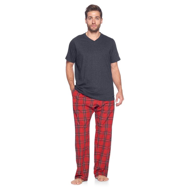 Ashford & Brooks Men's 2-Piece Plaid Detail Pajama Set - Elastic, Cotton Blend, Relaxed Fit, Shrink Resistant, Woven Pants with Side Pockets, Short-Sleeve Soft Cotton Jersey T-Shirt, Breathable Year-Round Sleepwear & Loungewear, Year-Round Wear