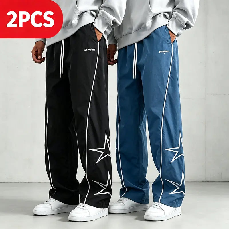 Men's 3-Pack Slim-Fit Activewear Track Pants - Menswear with Star Print, White Side Stripes, Elastic Easy Drawstring Fit Waistband for Casual Everyday Wear, Athletic Use