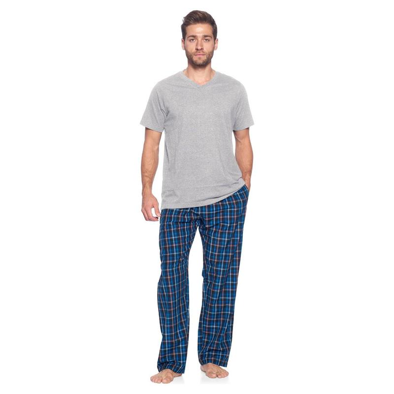 Ashford & Brooks Men's 2-Piece Plaid Detail Pajama Set - Elastic, Cotton Blend, Relaxed Fit, Shrink Resistant, Woven Pants with Side Pockets, Short-Sleeve Soft Cotton Jersey T-Shirt, Breathable Year-Round Sleepwear & Loungewear, Year-Round Wear
