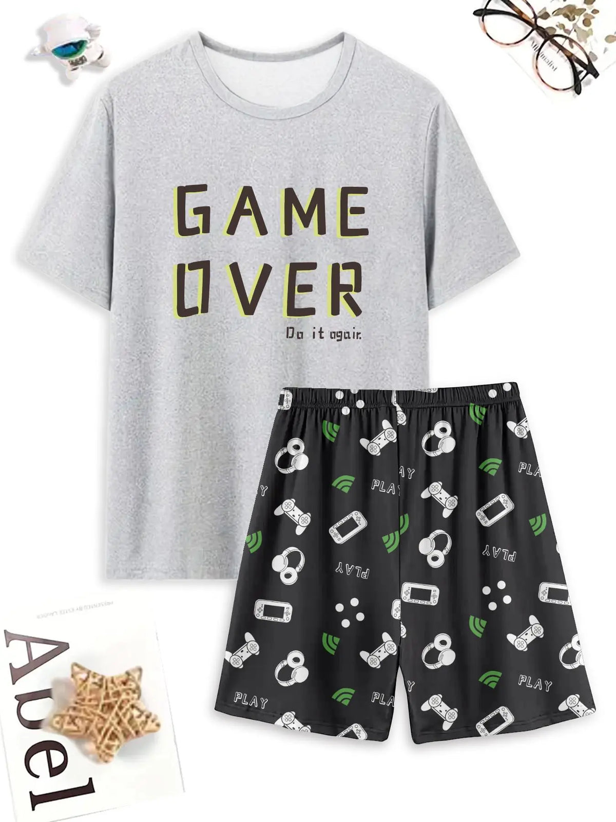 Men's Graphic Tee & All Over Print Elastic Waist Shorts Casual Comfy Loungewear Two-Piece Set, Shorts Lounge Outfit, Regular Fit Round Neck Short Sleeve T-Shirt & Shorts PJ Set, Men's Sleepwear for Summer, Pajamas