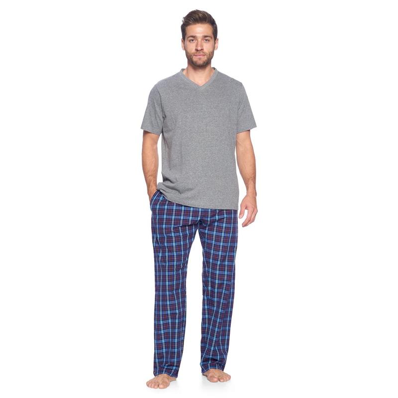 Ashford & Brooks Men's 2-Piece Plaid Detail Pajama Set - Elastic, Cotton Blend, Relaxed Fit, Shrink Resistant, Woven Pants with Side Pockets, Short-Sleeve Soft Cotton Jersey T-Shirt, Breathable Year-Round Sleepwear & Loungewear, Year-Round Wear
