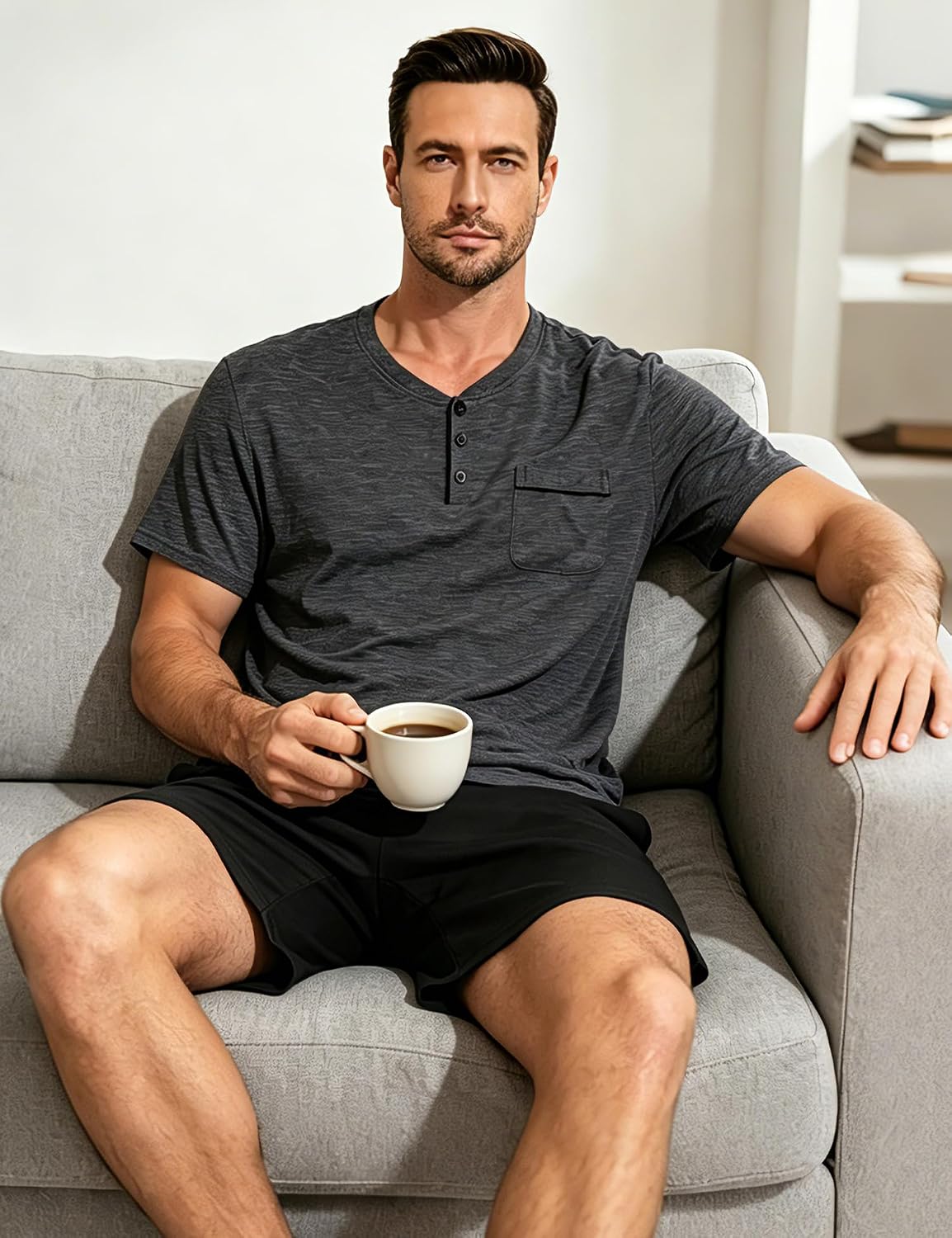 SWOMOG Mens Pajama Set Summer Pjs Sleepwear 2 Piece Loungewear Soft Short Sleeve Sleep Set With Pocket Comfy Nightwear