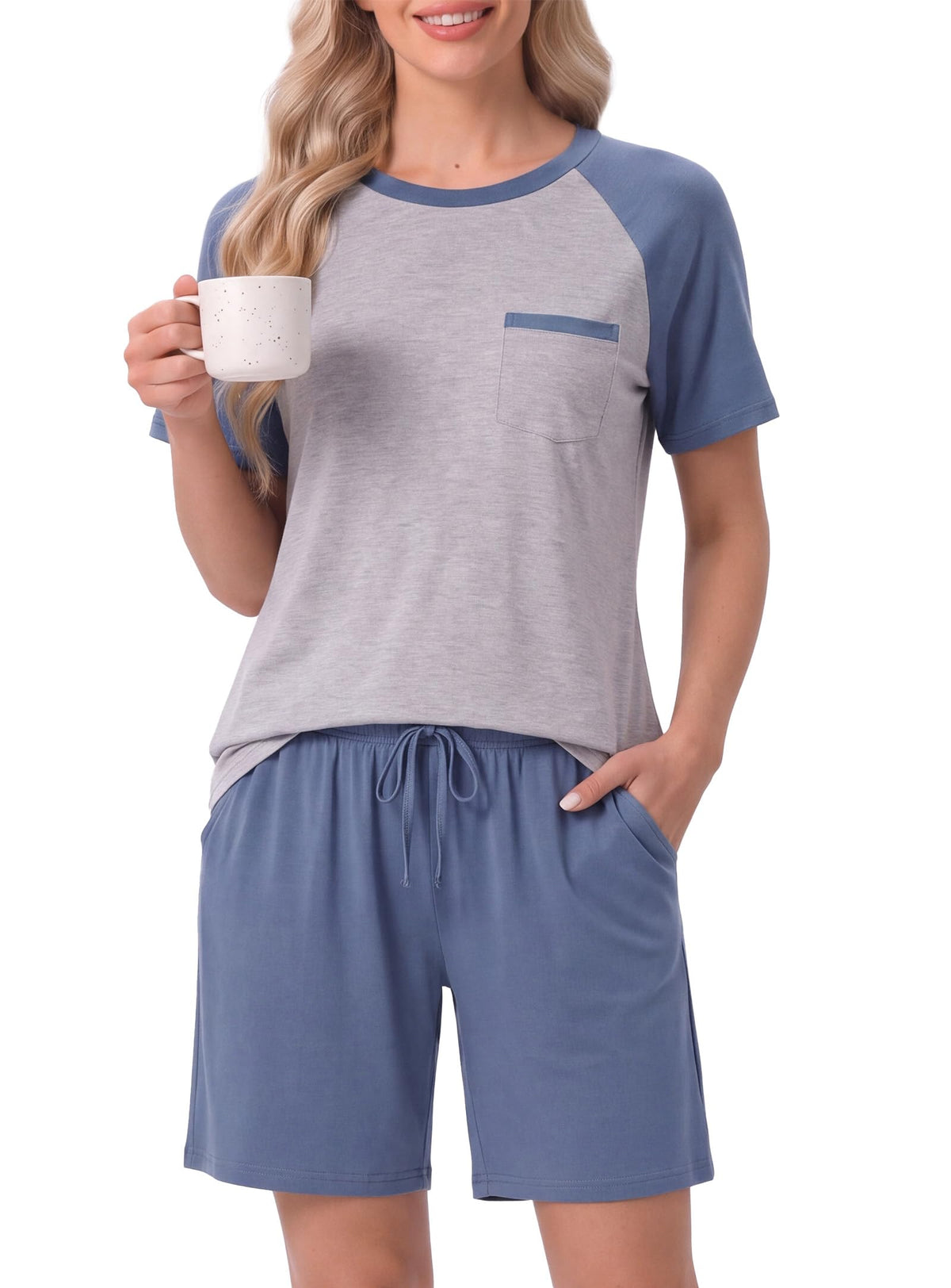 Couples Pajamas Set Short Sleeve Raglan Shirts and Shorts Lounge Sleepwear