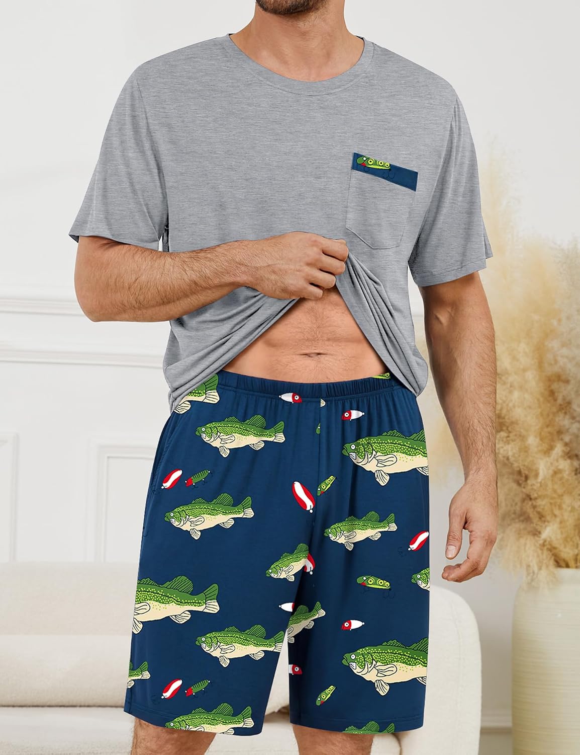 SWOMOG Mens Pajama Set Short Sleeve Pjs Set Soft Comfy Sleepwear Summer 2 Piece Loungewear Print With Pocket S-XXL