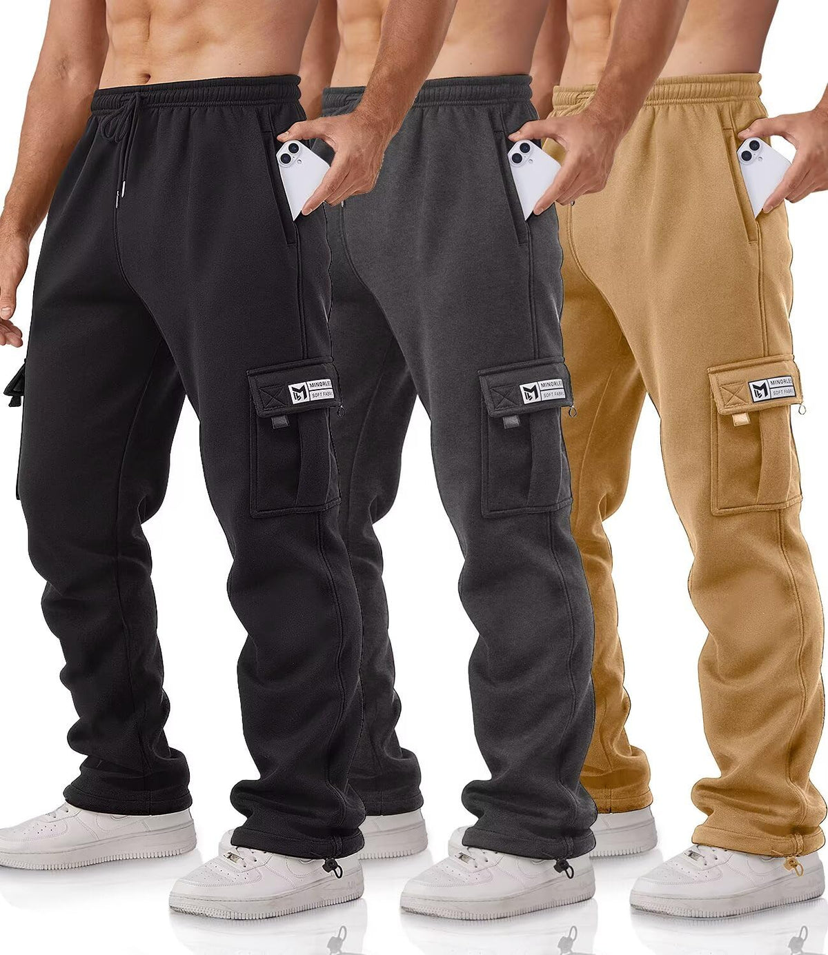 Cargo Pants for Men 3 Pack Relaxed Fit Mens Joggers with Pockets,Fleece Hiking Tactical Workout Pants Casual
