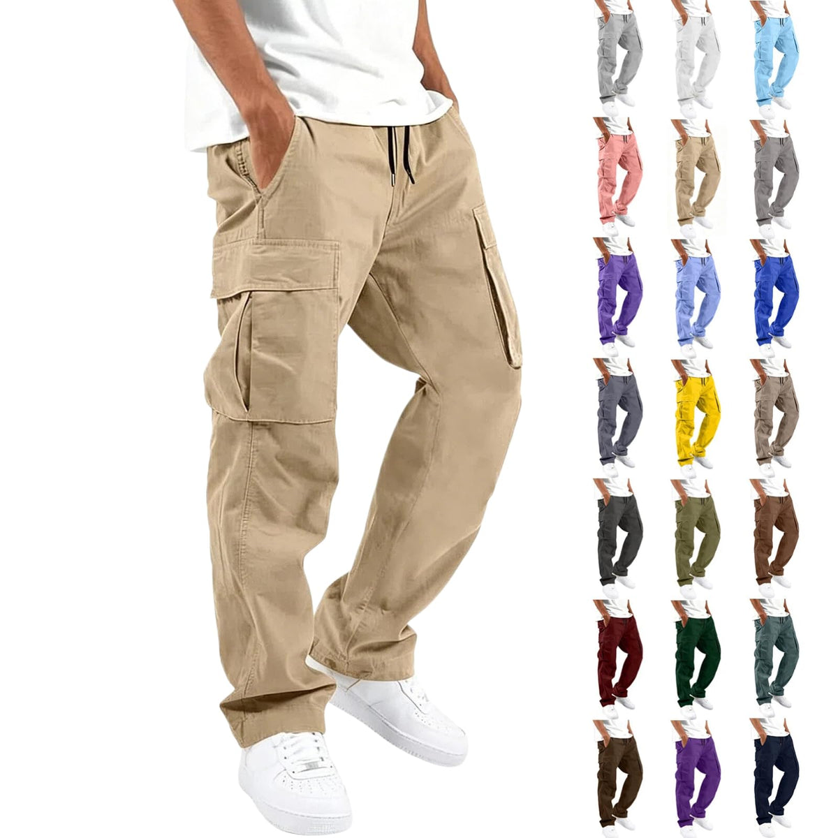 Mens Cargo Pants Relaxed Fit Elastic Waist Drawstring Straight Leg Hiking Workout Outdoor Joggers with Pockets
