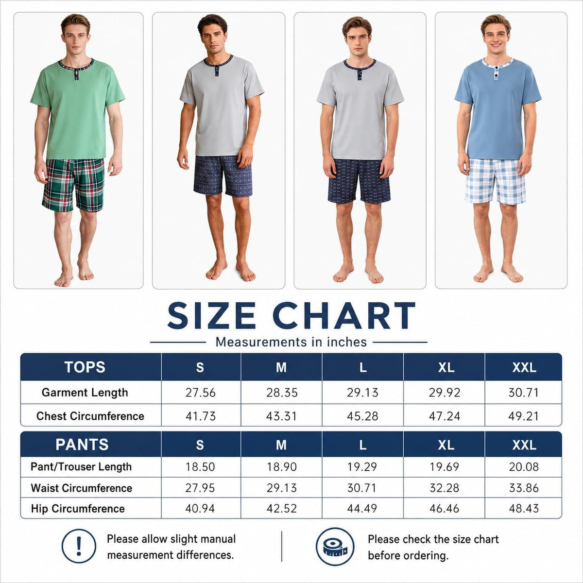 Men's Short Sleeve Pajama Set with Henley Neckline Soft Lounge Sleepwear Casual T-Shirt and Shorts Homewear for Summer
