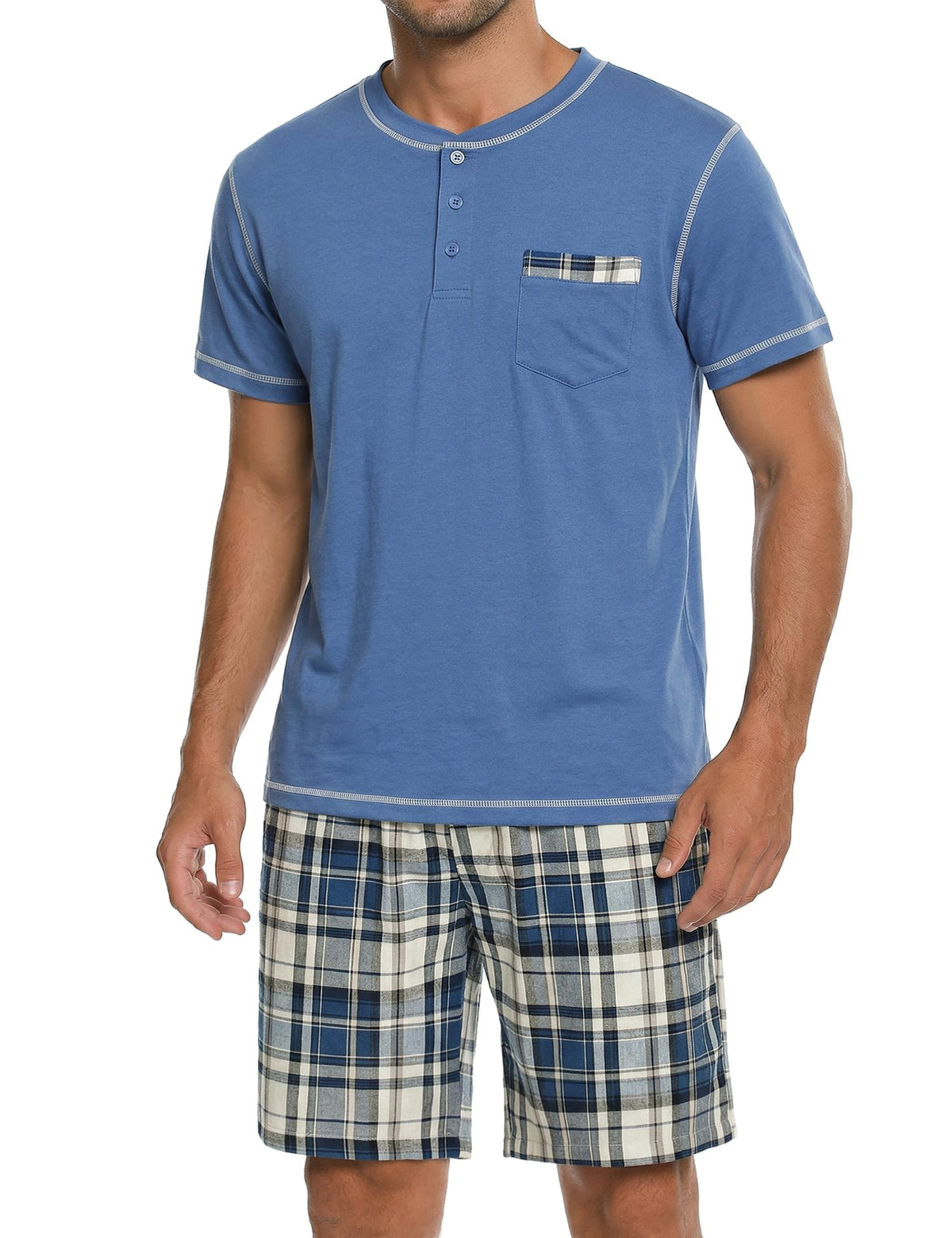 Sykooria Men's Pajama Sets Cotton Loungewear Pjs Shorts Sets 2 Piece Short Sleeve Sleepwear With Pockets S-3XL