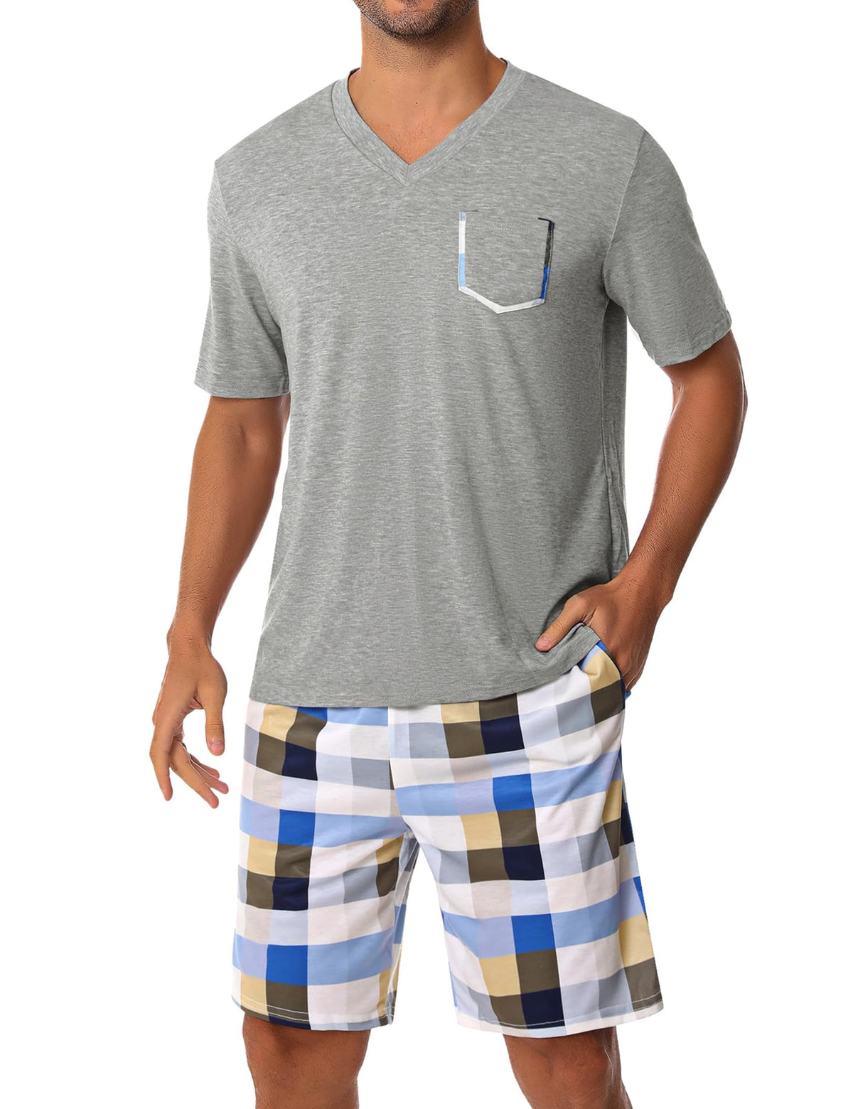 Sykooria Mens Cotton Pajamas Set 2 Piece Soft Sleepwear Short Sleeve Top & Plaid Shorts With Pockets