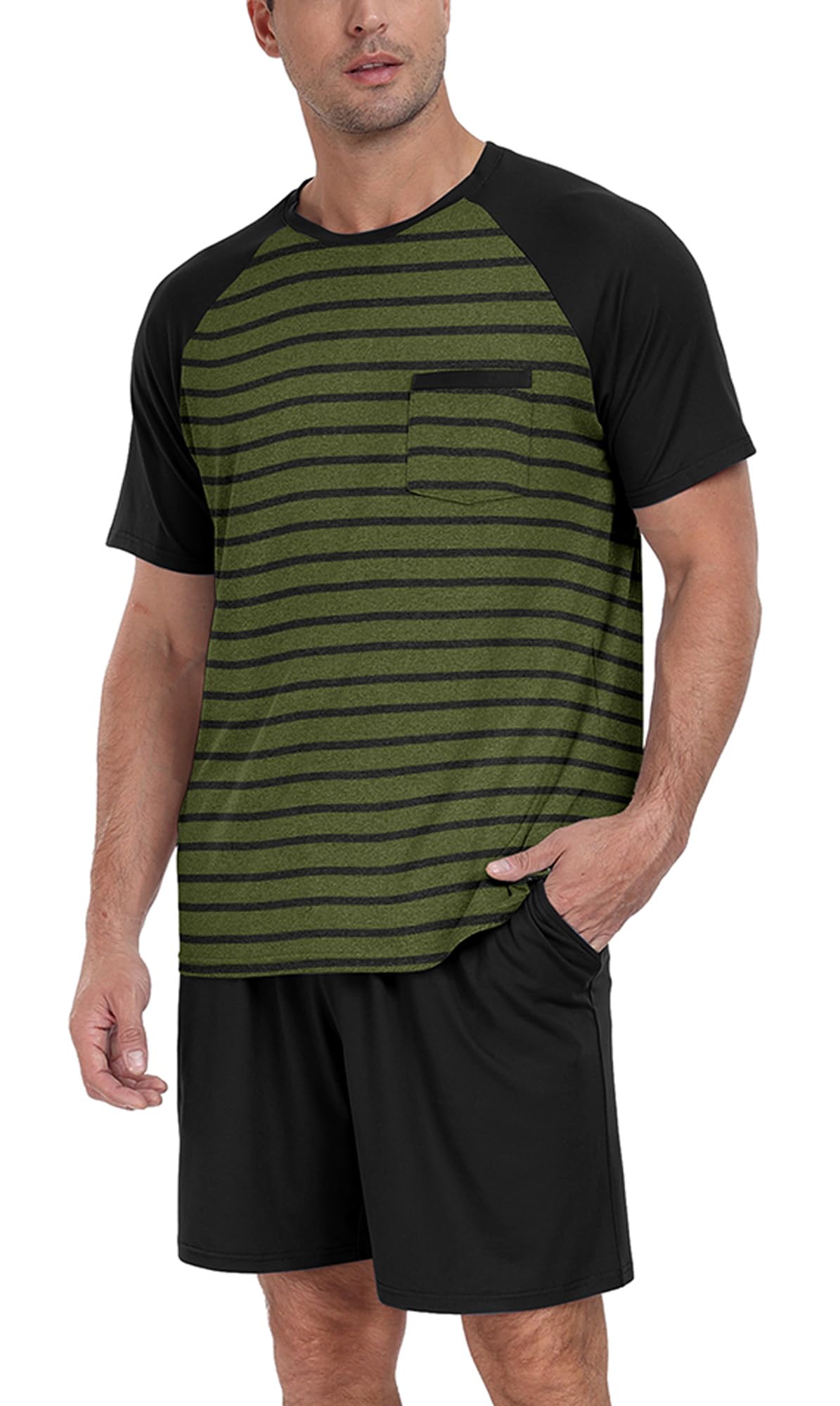 PrinStory Men‘s Pajama Set Summer Pjs Sleepwear Nightwear Lightweight Quick Dry Soft Stripe Sleep Set With Pocket S-2XL