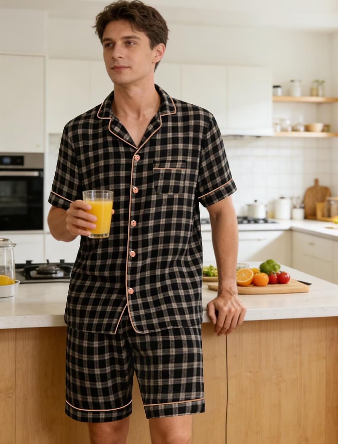 SWOMOG Men Pajama Set Short Sleeve Summer Pjs Button Down Sleepwear Soft Pajama Shorts 2 Piece Loungewear with Pockets