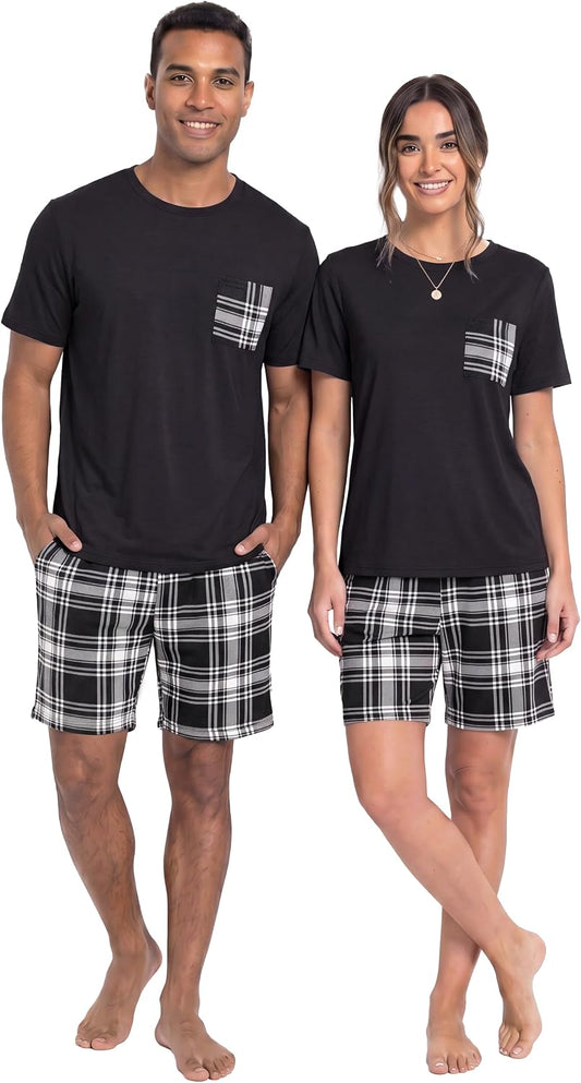 Couples Pajamas Set Short Sleeve Raglan Shirts and Shorts Lounge Sleepwear