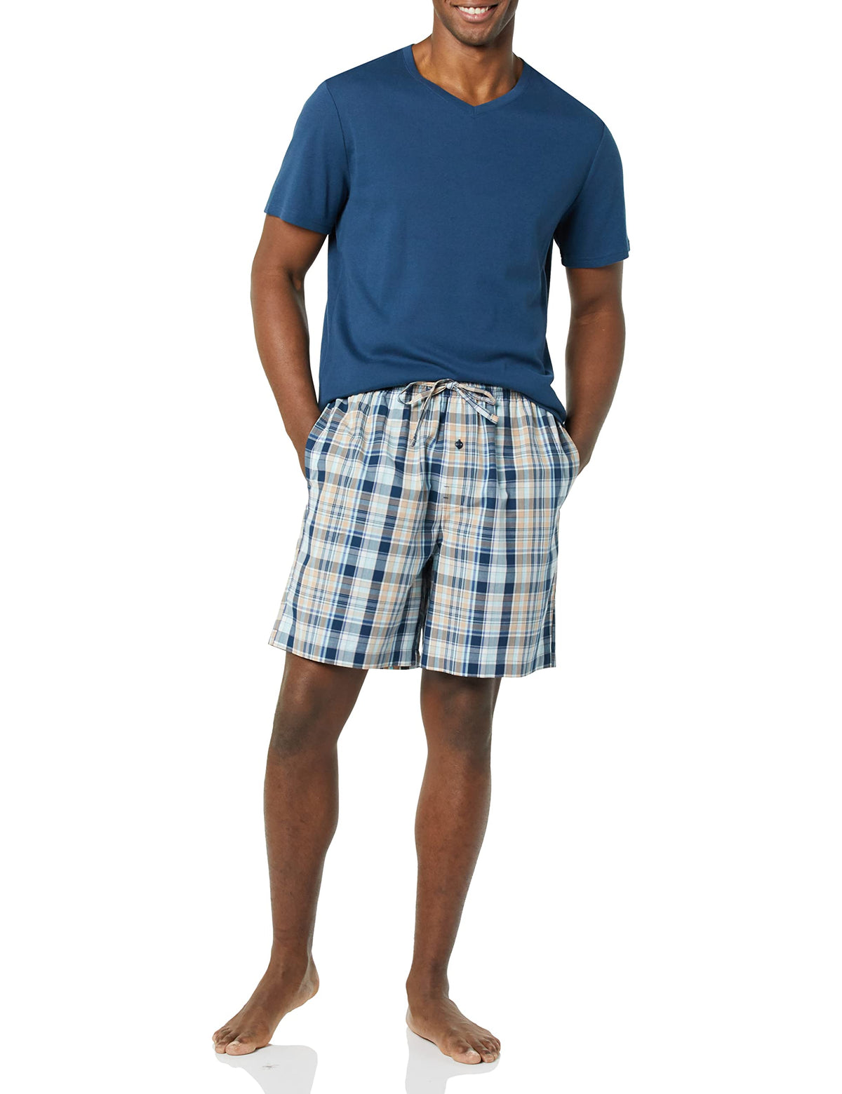 Amazon Essentials Men's Cotton Poplin Pajama Short with T-Shirt Set, Breathable Loungewear, Summer Sleepwear