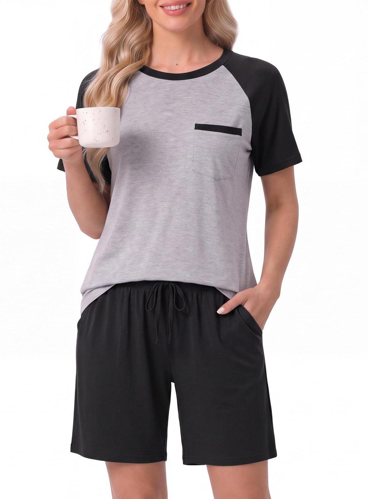 Couples Pajamas Set Short Sleeve Raglan Shirts and Shorts Lounge Sleepwear