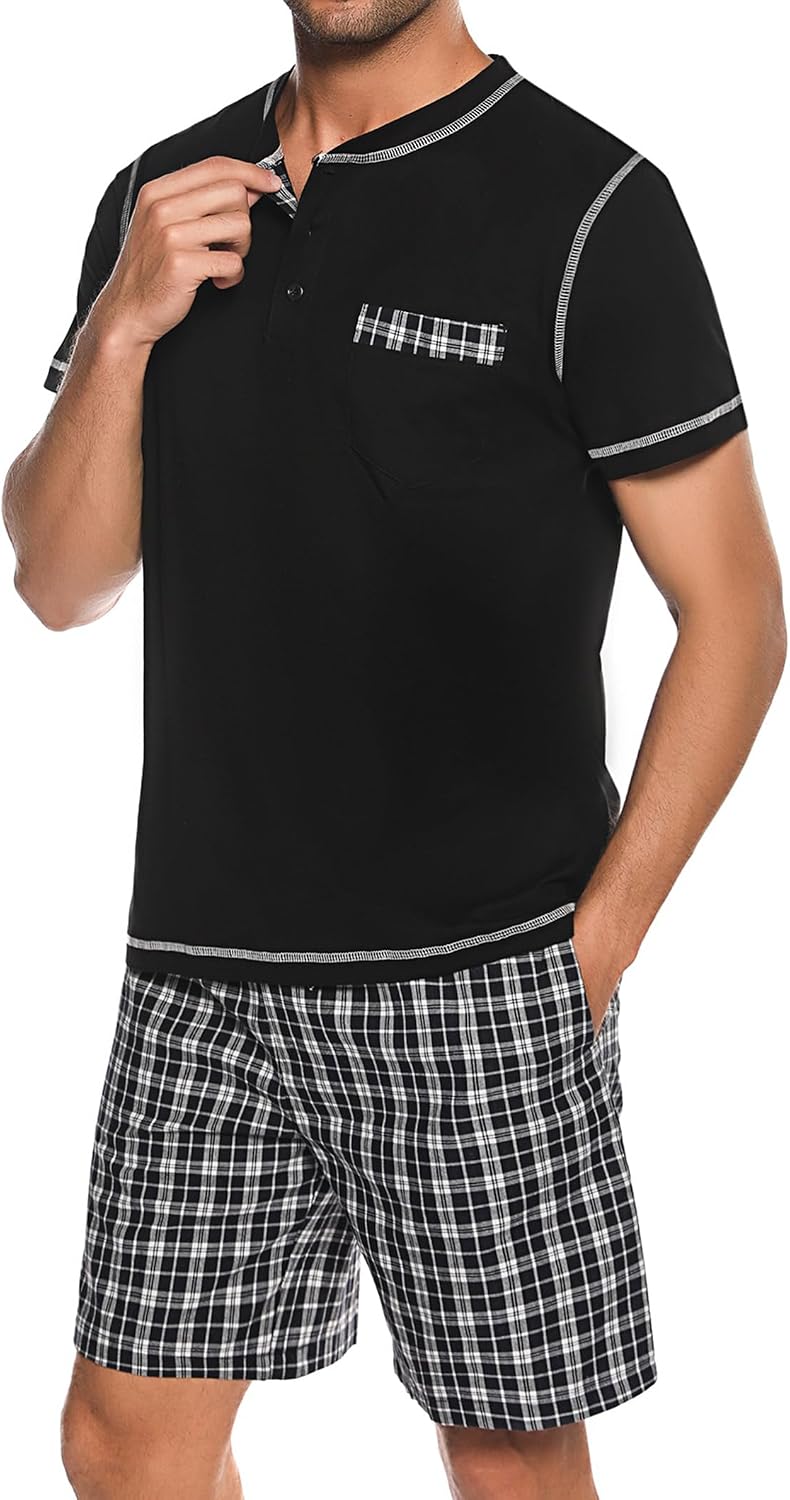 Sykooria Men's Pajama Sets Cotton Loungewear Pjs Shorts Sets 2 Piece Short Sleeve Sleepwear With Pockets S-3XL