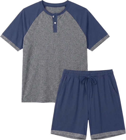 Men's Henley Pajama Sets 2 Piece Lounge Sleepwear Soft Sleep Summer Pjs