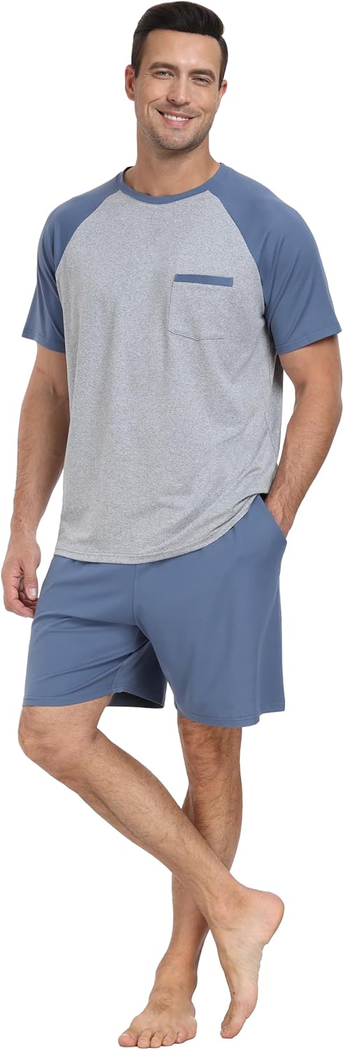 PrinStory Men‘s Pajama Set Summer Pjs Sleepwear Nightwear Lightweight Quick Dry Soft Stripe Sleep Set With Pocket S-2XL