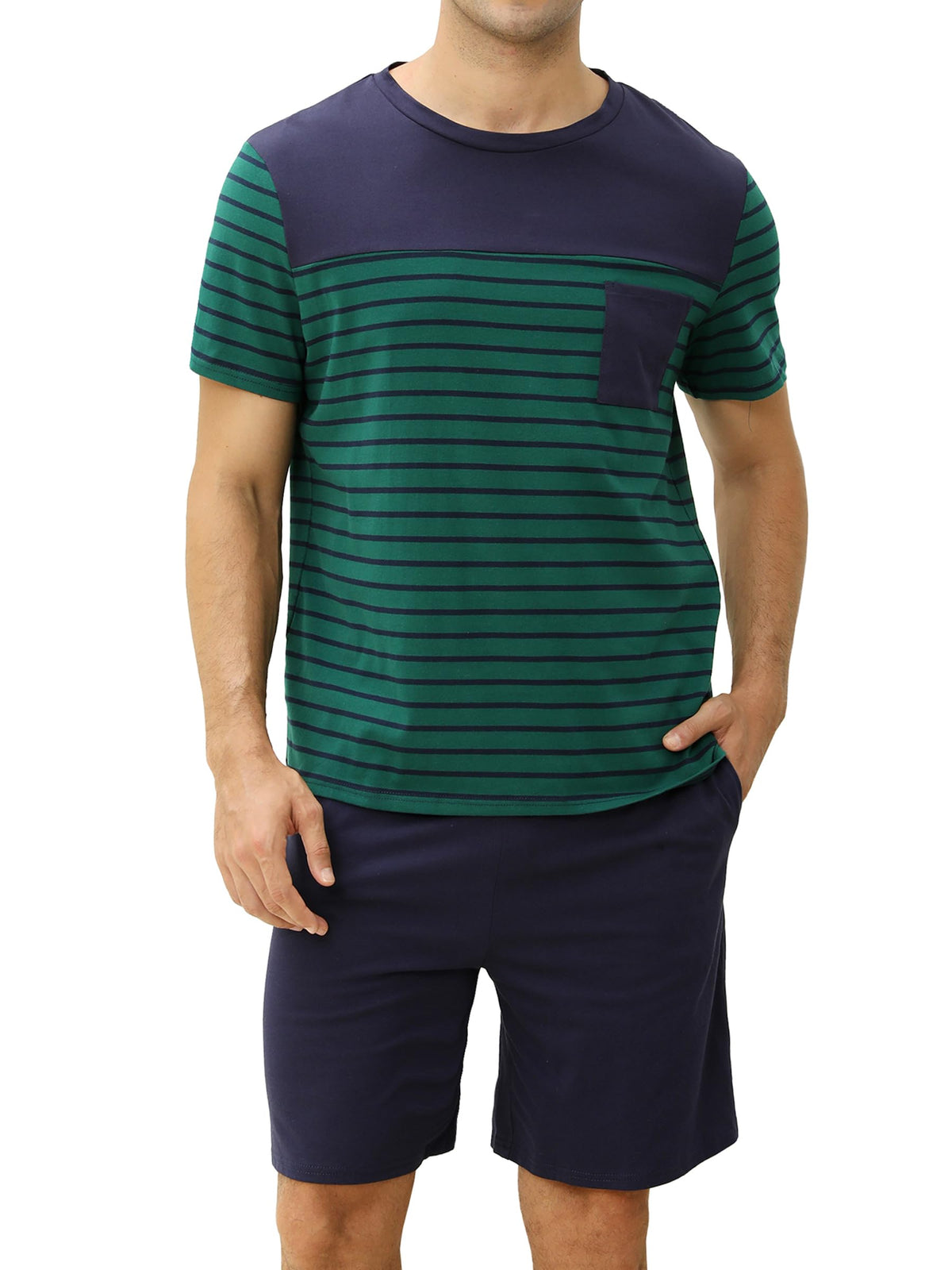 Men's Pajama Set Cotton Pajamas Striped Short Sleeve & Shorts Pjs Sets Sleepwear Summer Lounge Set with Pockets